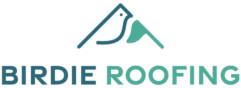 The logo for birdie roofing shows a bird on top of a mountain.